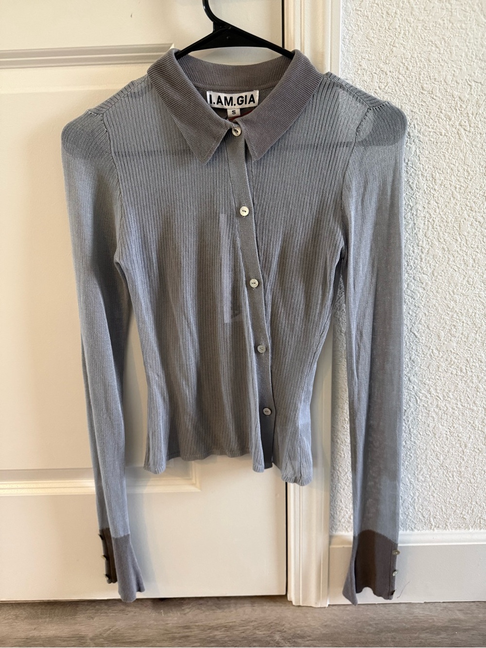 I.AM.GIA Light Gray Ribbed Button-Up Shirt with Contrast Cuffs